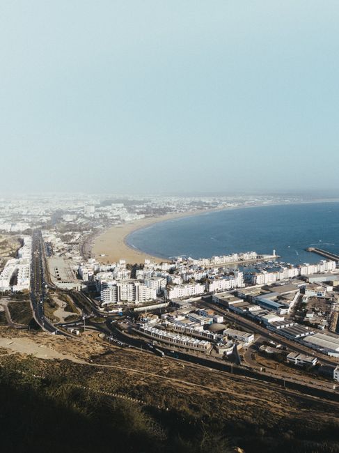 A scenic aerial view of Agadir's coastline and urban landscape in Morocco.