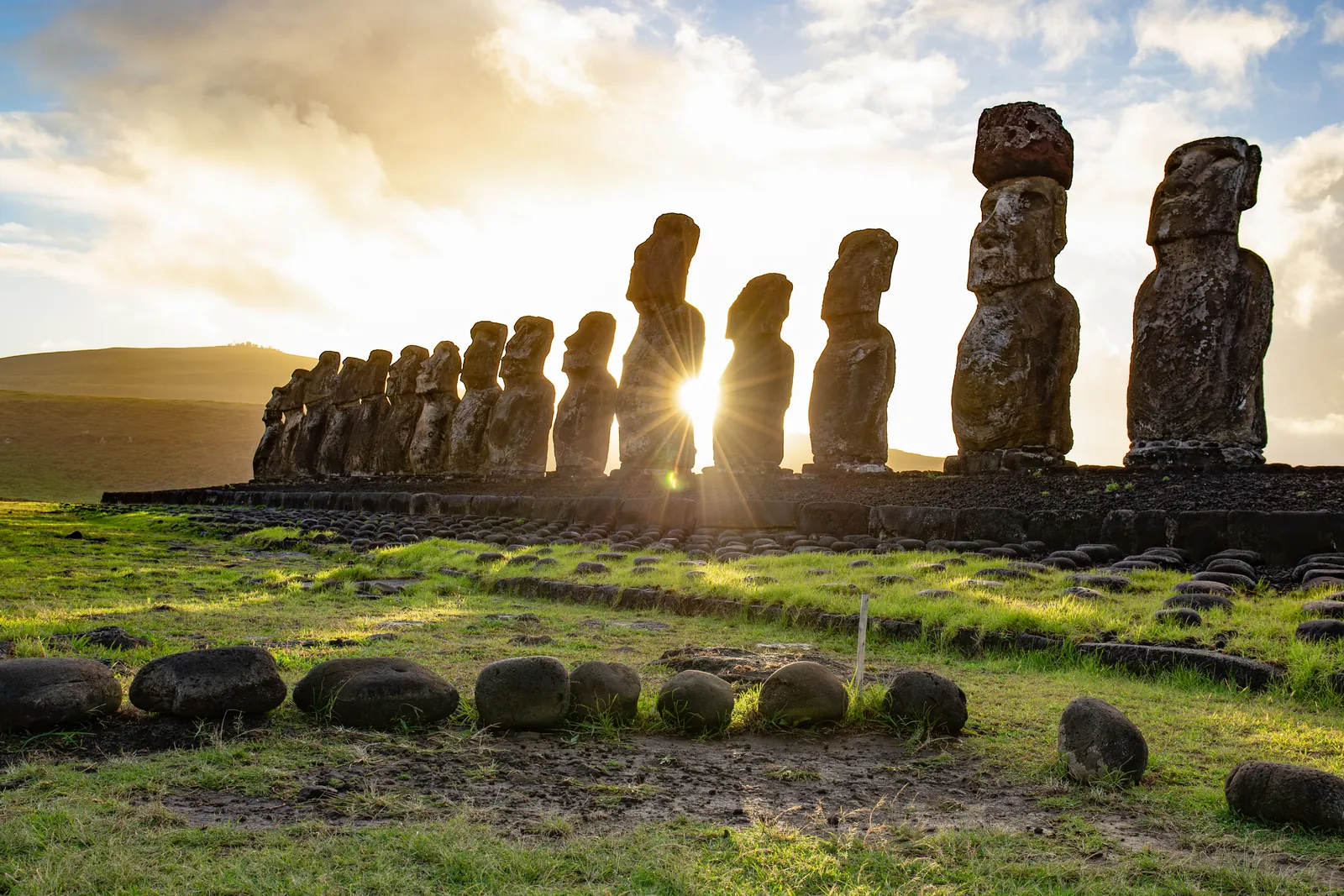 The fifteen moai of Ahu Tongariki on Easter Island (Rapa Nui), Chile