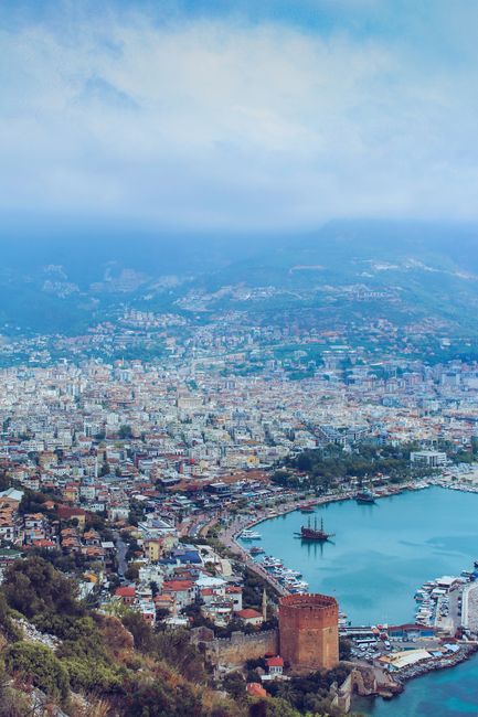 Aerial panorama of Alanya, featuring the Red Tower, cityscape, and Mediterranean Sea.