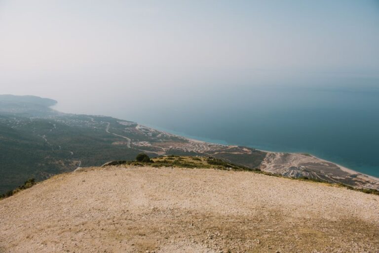 Panoramic view of the Albanian coastline from a hilltop in Vlora, ideal for travel inspiration.