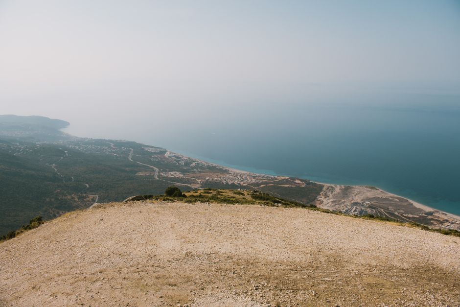 Panoramic view of the Albanian coastline from a hilltop in Vlora, ideal for travel inspiration.