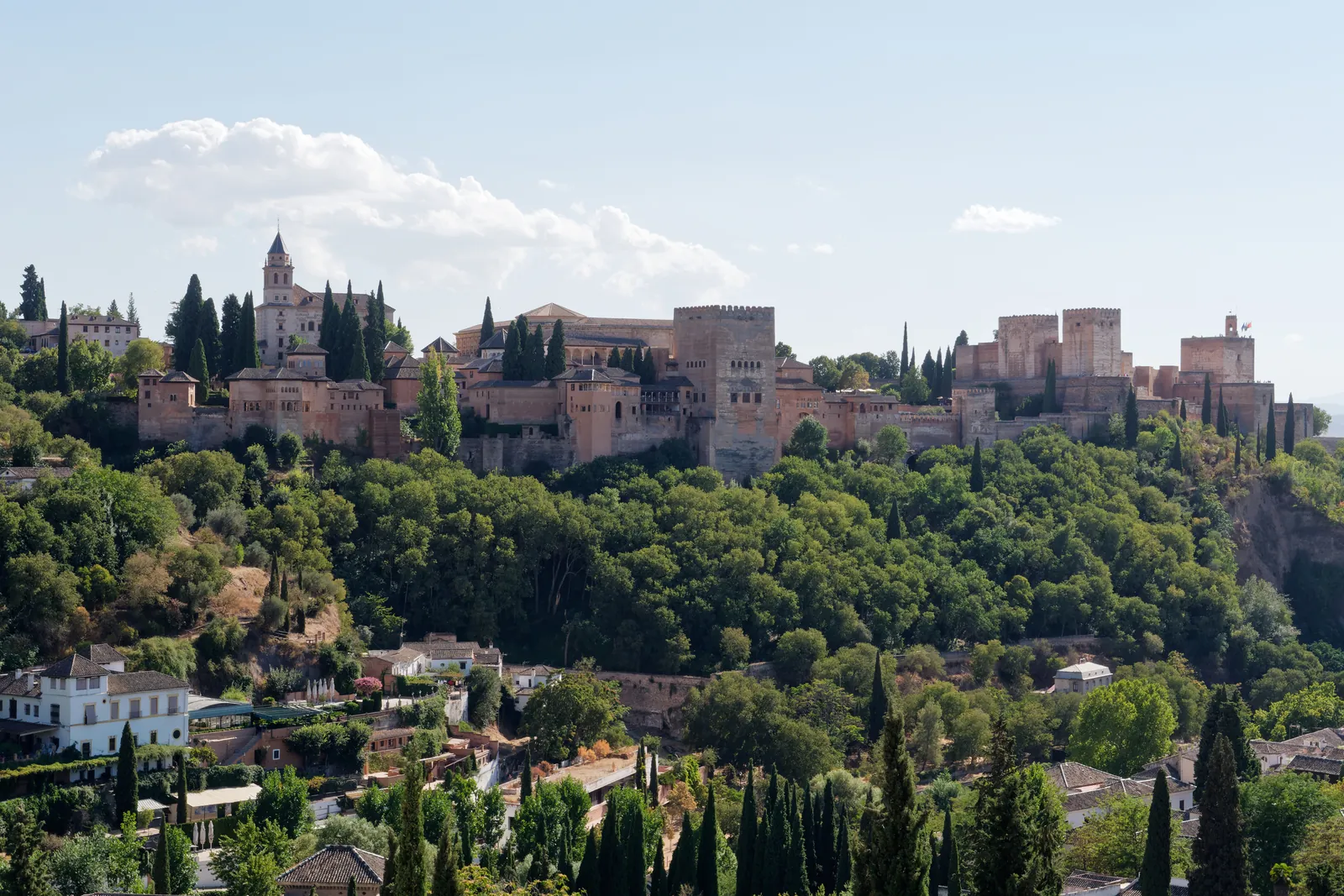 Panoramic view of the Alhambra in Granada with the Sacromonte neighborhood below