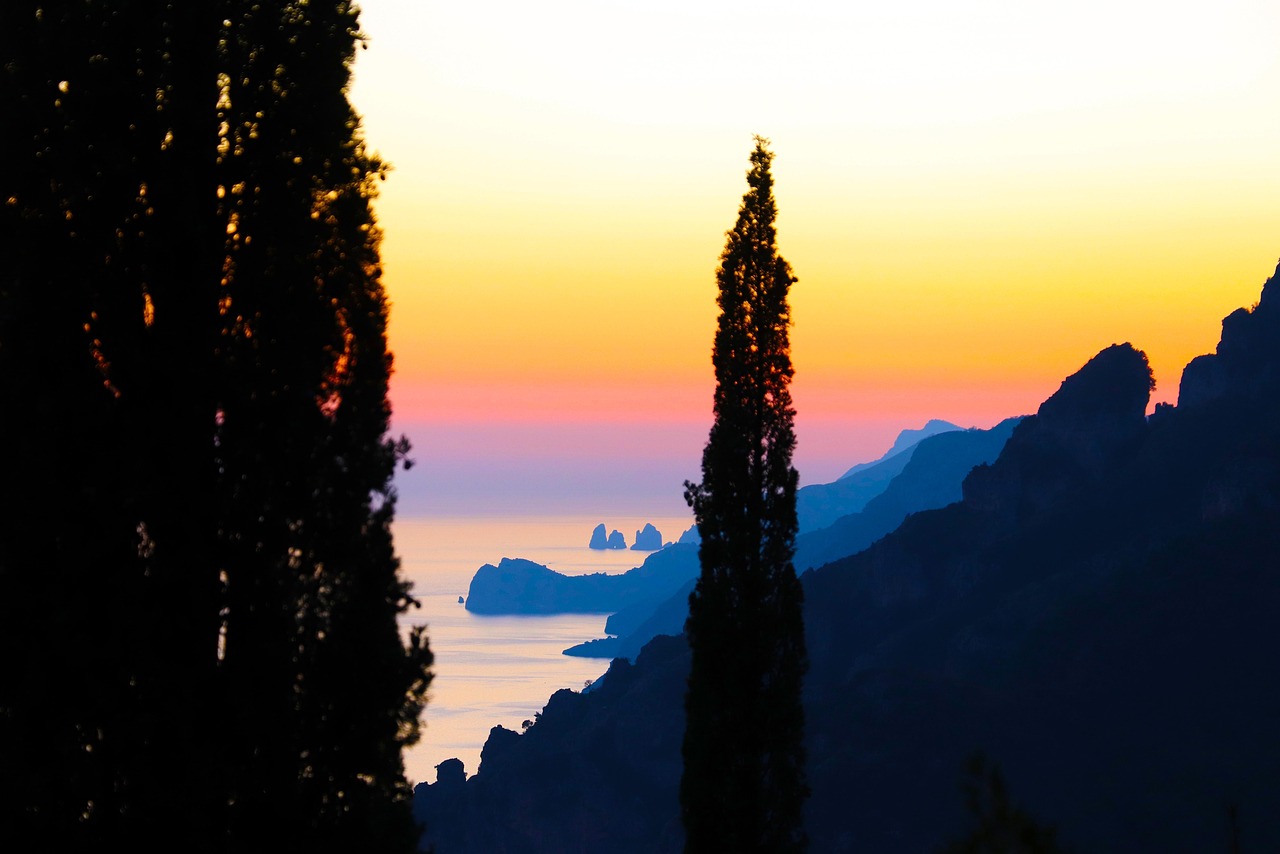 Mountains, coast, sunset, sky, tourism, travel, amalfi coast, amalfi, italy, nature, solitude, holiday, landscape