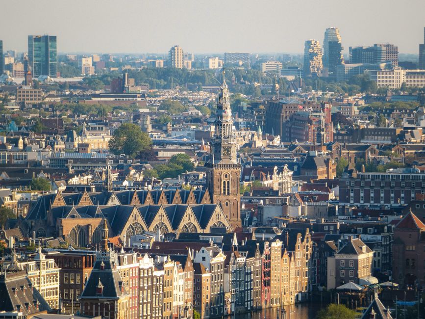 Aerial view showcasing Amsterdam's historic architecture, highlighting a stunning skyline.
