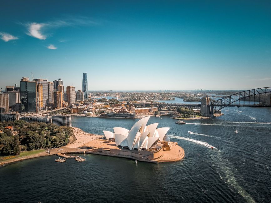 Breathtaking aerial view of Sydney Opera House with surrounding skyline and Harbor Bridge.