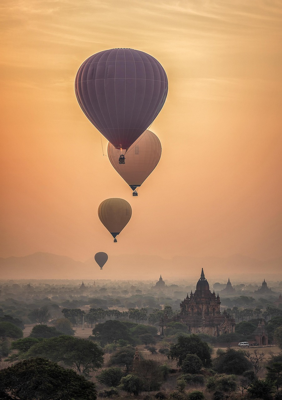Hot air balloons, nature, bagan, sunset, sunrise, fog, temples, burma, myanmar, kingdom, ancient, asia, panorama, scenery, scenic, iphone wallpaper, phone wallpaper