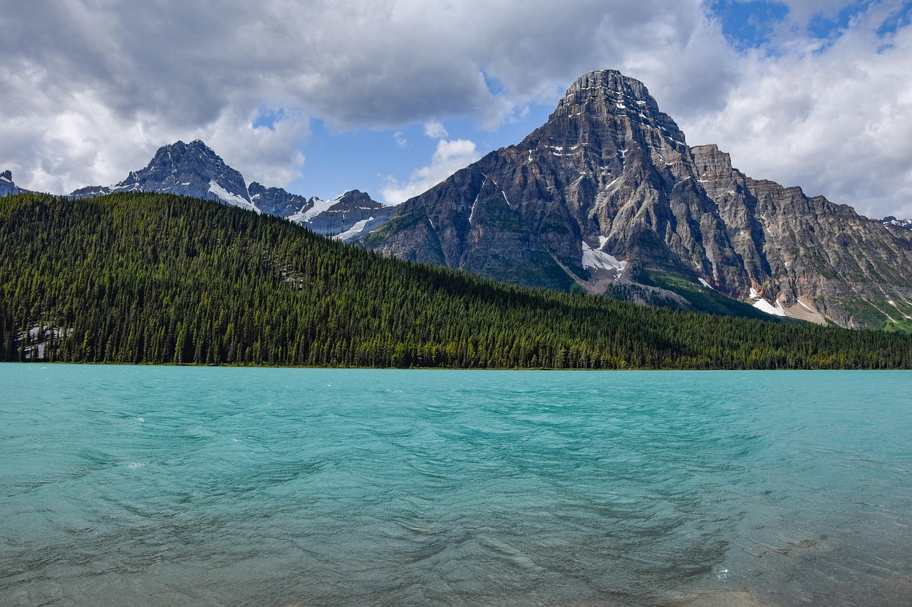 Lake, mountains, trees, water, rocky mountains, mountain range, nature, scenery, scenic, national park, waterfowl lakes, banff national park, banff, icefields parkway, alberta, canada, rocky mountains