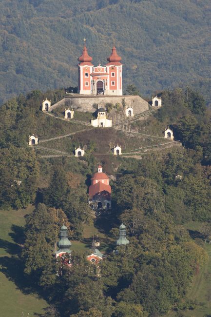Aerial view of the beautiful Banská Štiavnica Calvary with surrounding landscape.