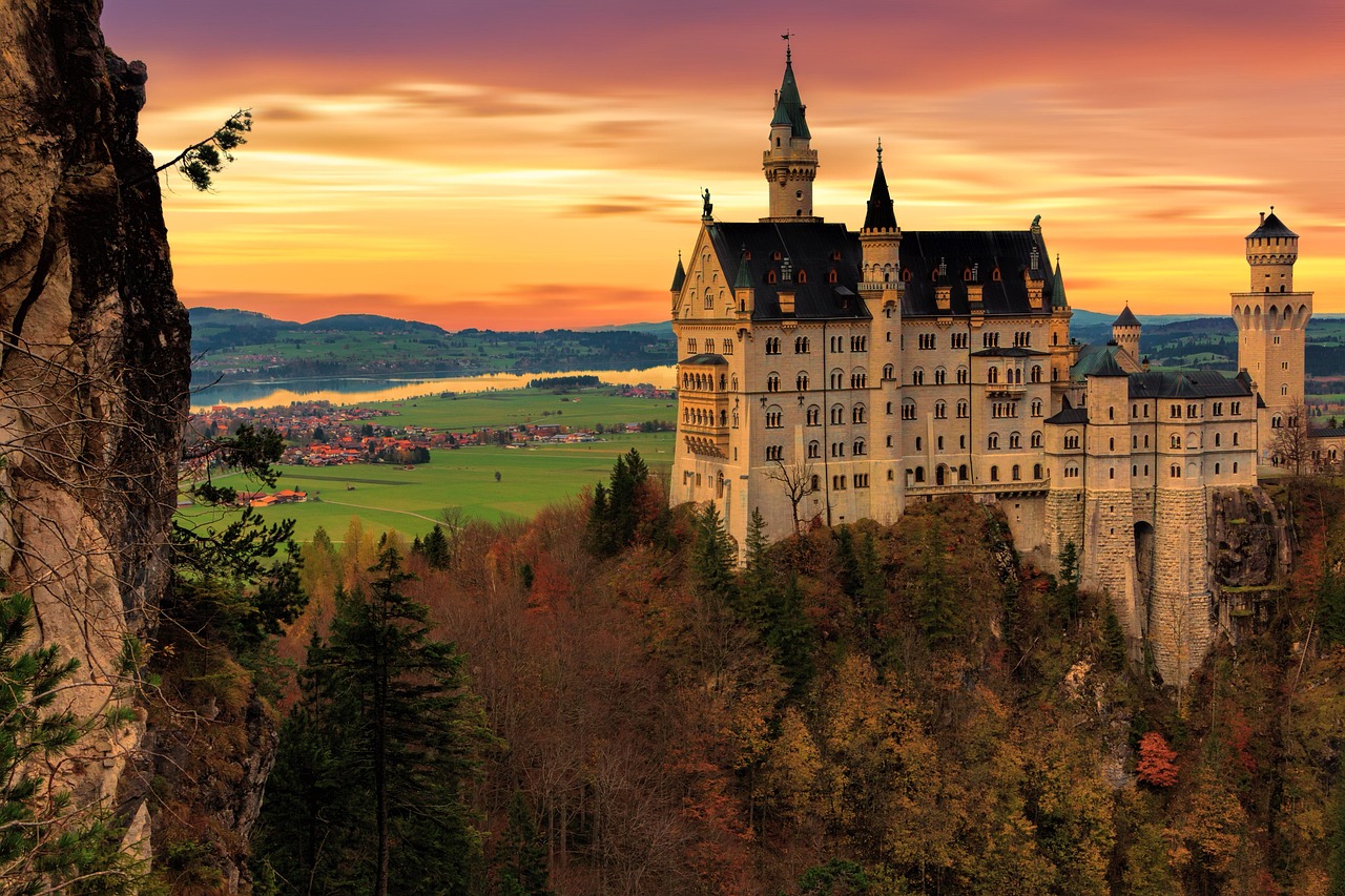 Architecture, neuschwanstein, nature, castle, travel, building, historic building, sightseeing, neuschwanstein castle, schwangau, romantic, fairytale castle, dusk, sunset, fairy tale, picturesque, lan