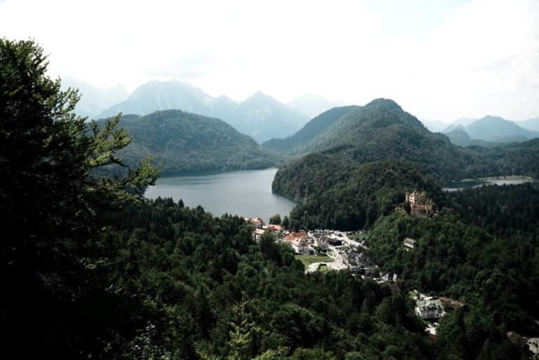 A breathtaking aerial view of Bavarian forests, lakes, and Hohenschwangau Castle in Germany.