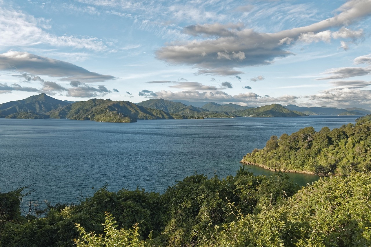 New zealand, ngakuta bay, bay, south island, landscape, forest, mountains, heaven, nature, clouds