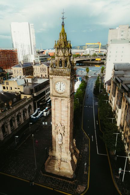 Stunning aerial shot of the iconic Albert Memorial Clock in Belfast, Northern Ireland.