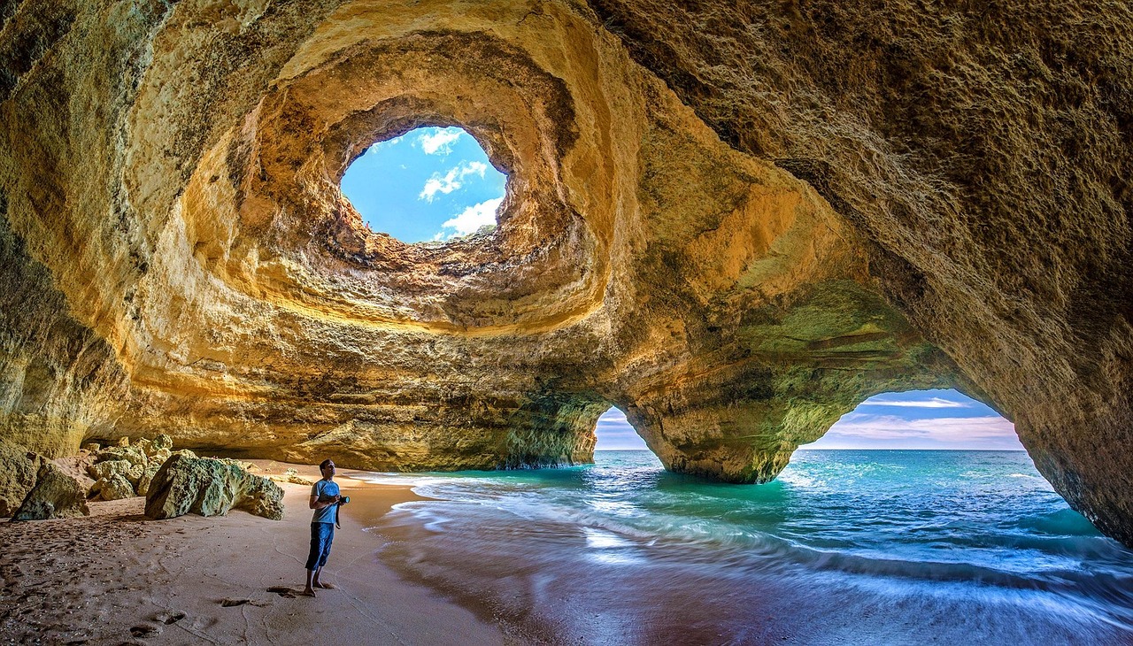 Portugal, algarve, benagil, selfie, grutas de benagil, cave, sea, rock, ocean, beach, water, rock gate, summer, riverbank, cliff, rocky coast, landscape, nature, waves, bay, coast, discover, explore, 
