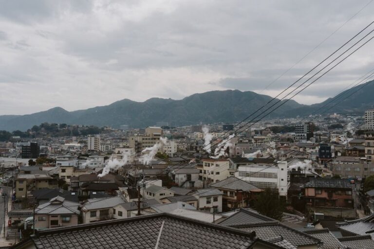 Cityscape view with smoking rooftops and mountain backdrop under overcast skies.