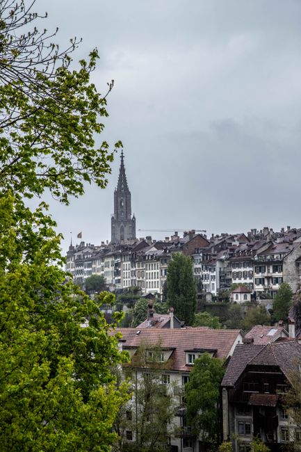 Capture of Bern's city skyline with iconic cathedral on a cloudy day.
