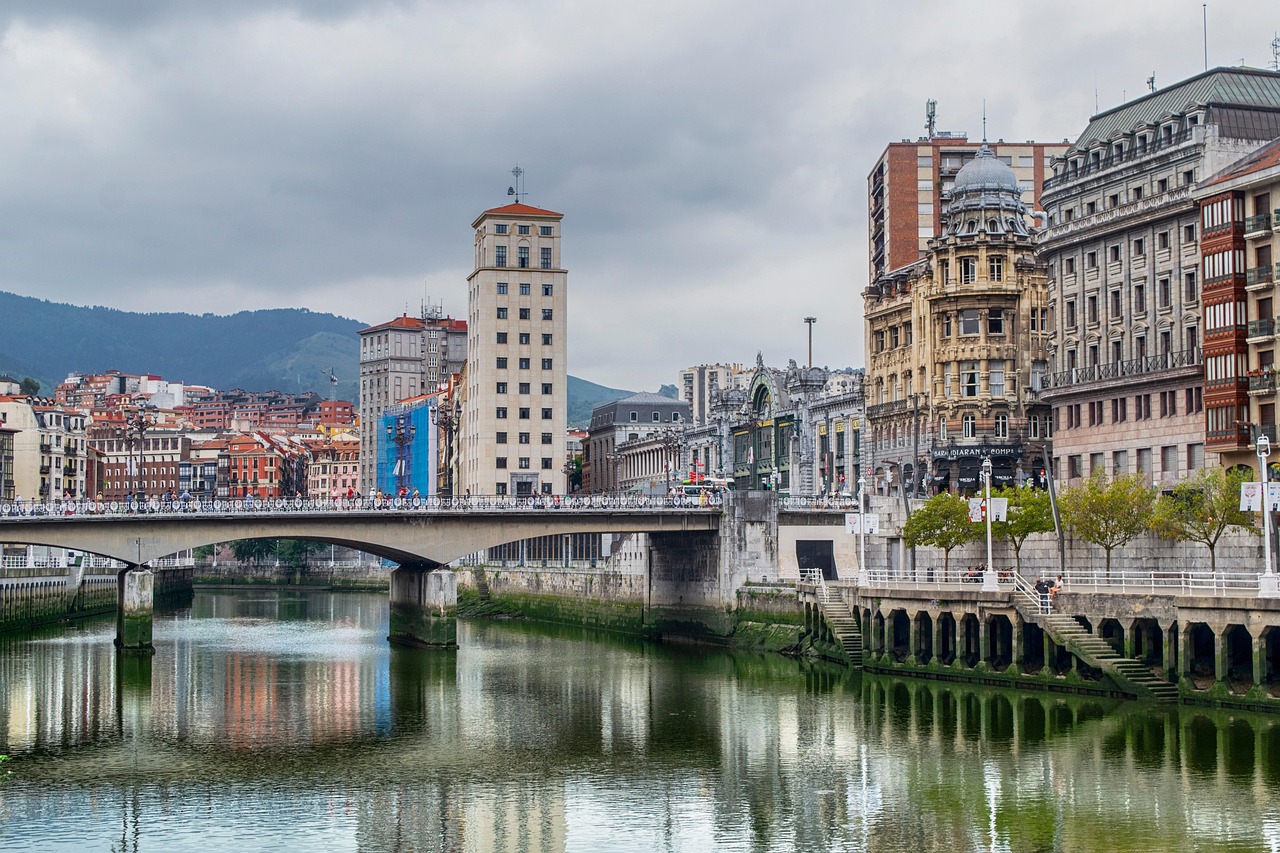Bilbao, spain, city, buildings, river, bridge, clouds, nature, landscape