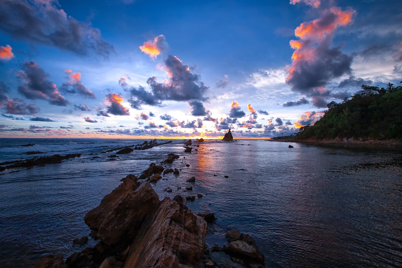 Sunset, the indian ocean, coast, reef, cloud, sour golden coast, nature, java island, indonesia