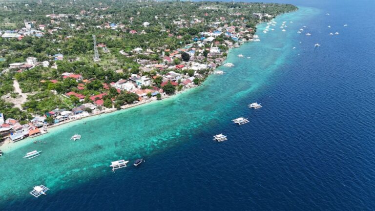 A stunning aerial view of a coastal village, showcasing clear waters and local boats in the Philippines.