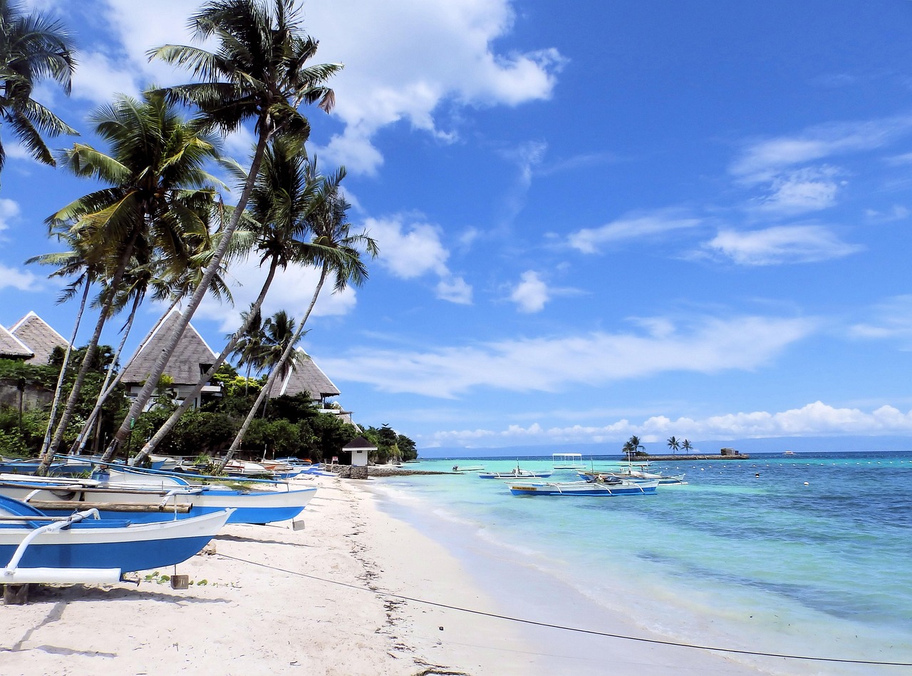 Philippines, beach, holiday, the coast, boats, boat, łódź, fishing village, ocean, bohol, palm trees, blue, lazur, paradise, rest, travel, sand, sea, water, resort, bohol, bohol, bohol, bohol, bohol