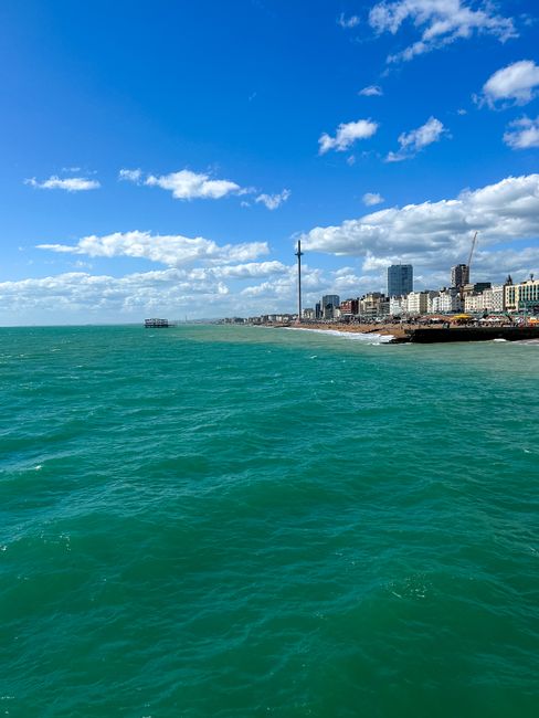 A vibrant coastal view of Brighton's beach and skyline featuring the i360 tower with clear blue skies and calm seas.