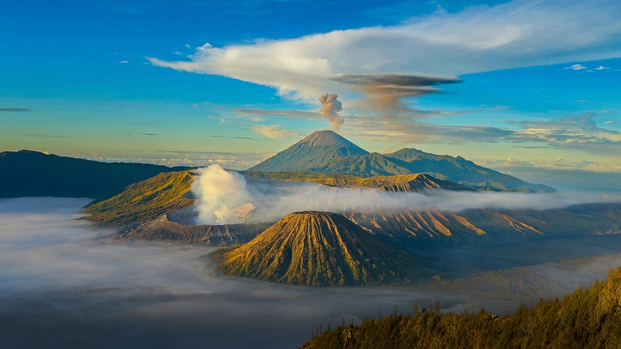 Mountain, volcano, cloud, sunset, sunrise, landscape, fog, exploration, nature, panorama, national park, tourist destination, view, crater, bromo, semeru, blue sky, beautiful, indonesia