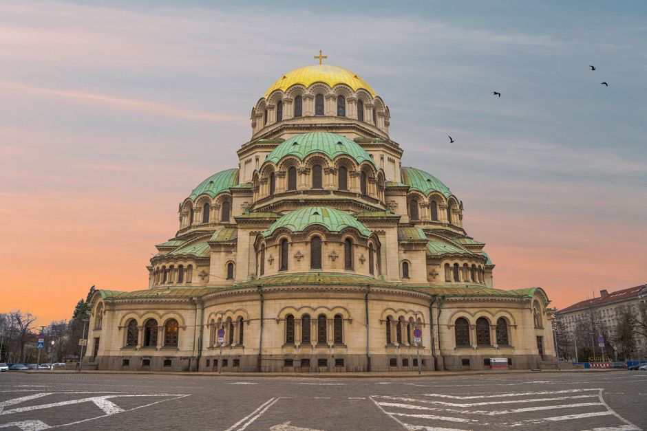 Stunning view of Alexander Nevsky Cathedral in Sofia, Bulgaria during dusk.
