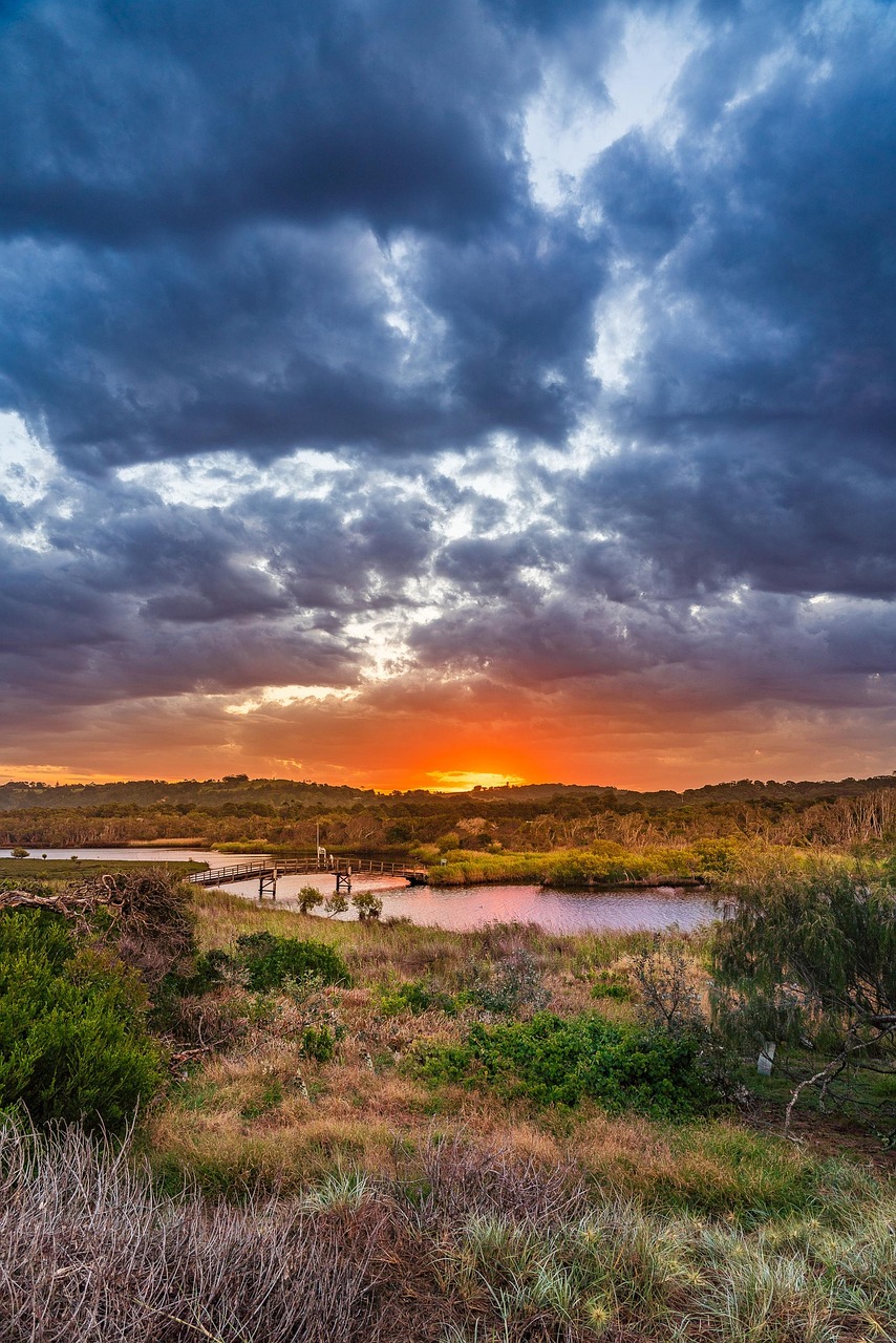Sunset, bridge, creek, nature, river, water, evening, lights, landscape, skyline, light, clouds, red sky, byron bay, australia, dusk, landmark