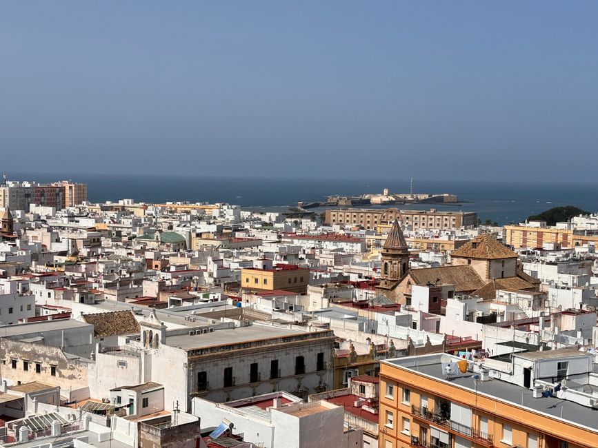 Aerial view of Cádiz, Spain, showcasing its historic architecture and coastal scenery.