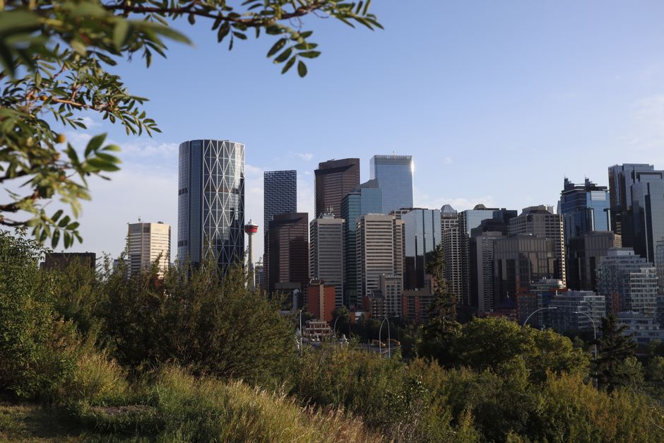 A vibrant view of Calgary's skyline with modern skyscrapers framed by greenery under a clear sky.