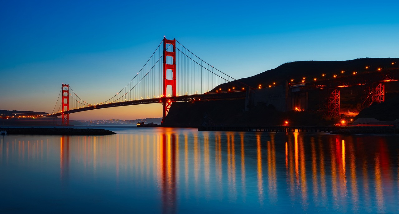 Panorama, golden gate bridge, san francisco bay, suspensio bridge, infrastructure, bridge, famous, places of interest, illuminated, reflection, nature, water reflection, landmark, architecture, sunset