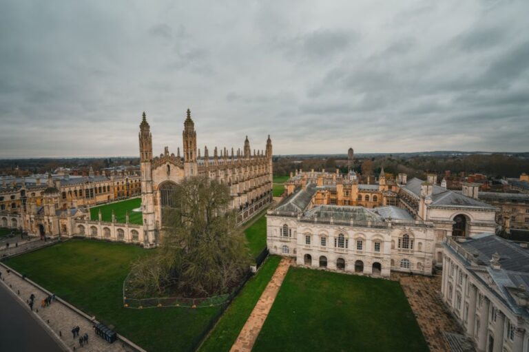 Stunning aerial shot of King's College Chapel, Cambridge, on a cloudy day.
