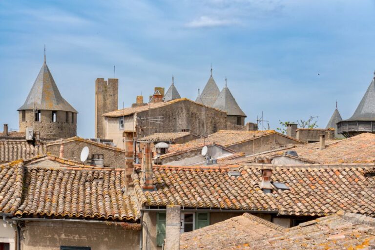 A scenic view of the historical rooftops of Carcassonne, France, showcasing medieval architecture.