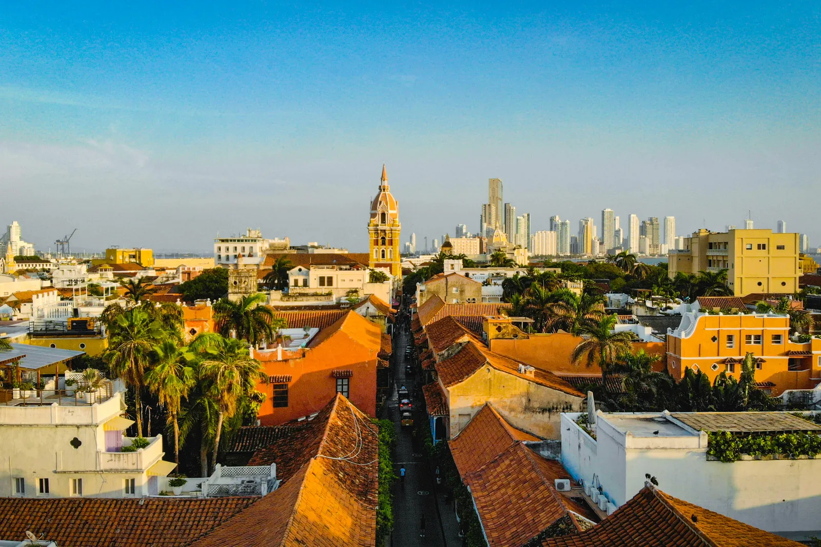 Aerial view of Cartagena's old town and modern skyline, Colombia