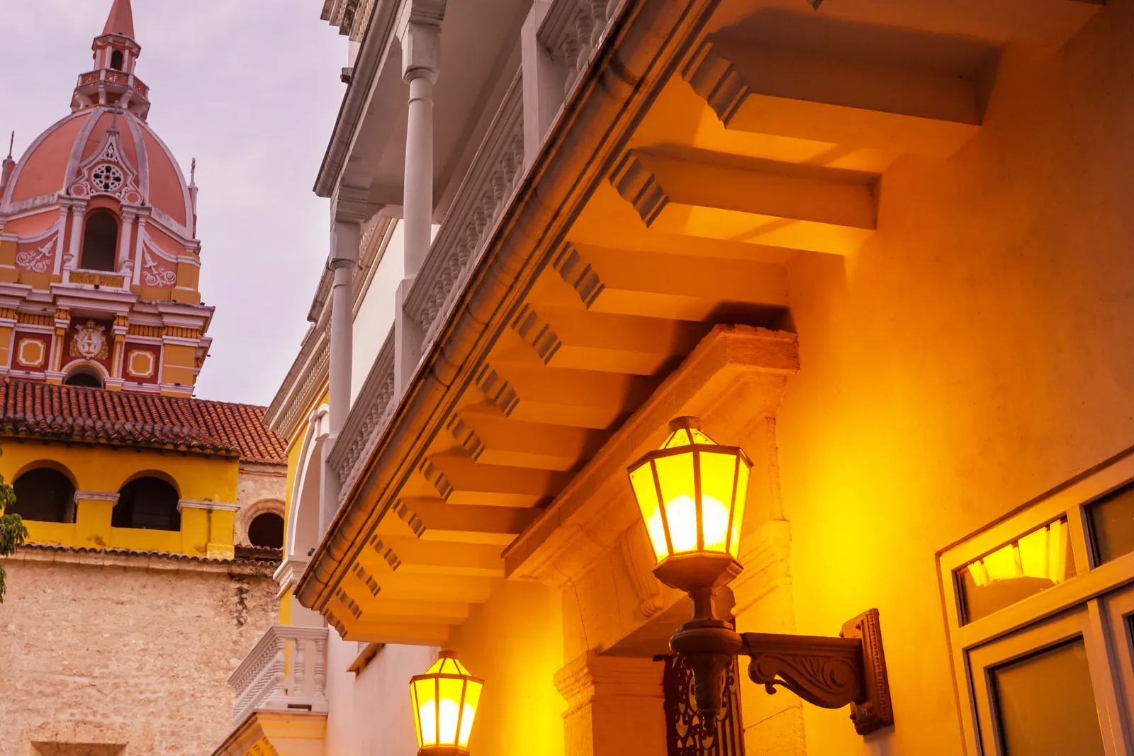 Colonial architecture lit up at night in Cartagena's walled Old Town, Colombia