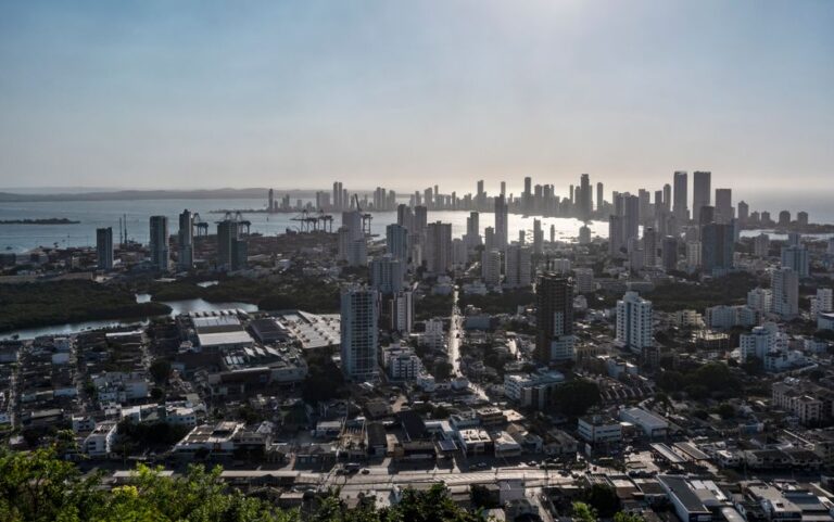 A breathtaking view of Cartagena's skyline with dense modern skyscrapers and vibrant cityscape.