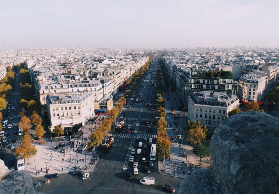 Captivating aerial view of Paris showcasing its iconic urban architecture on a sunny day.
