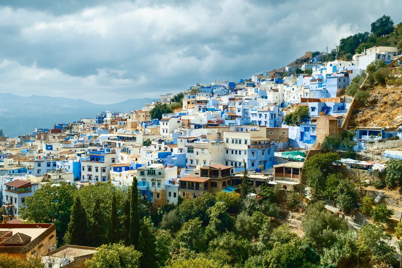 Panoramic view of the blue town of Chefchaouen in the Rif Mountains, Morocco