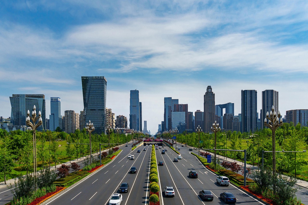 Road, cars, skyline, city, urban, buildings, architecture, traffic, chengdu, china, the way, asia, tianfu greenway, blue sky, landscape, chengdu, chengdu, chengdu, chengdu, chengdu