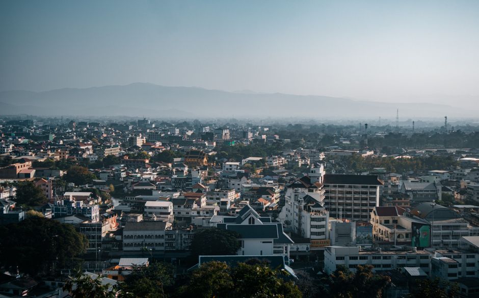 Aerial view of Mueang Chiang Rai city, showcasing its urban landscape and architecture.