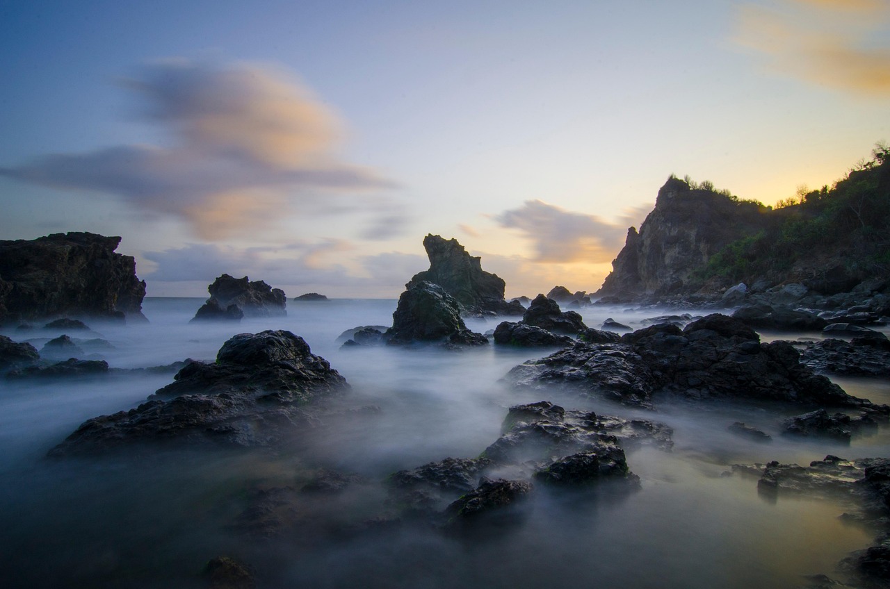 Sea, rocks, coast, fog, beach, mist, ocean, sky, sunset, coral, nature, yogyakarta, indonesia