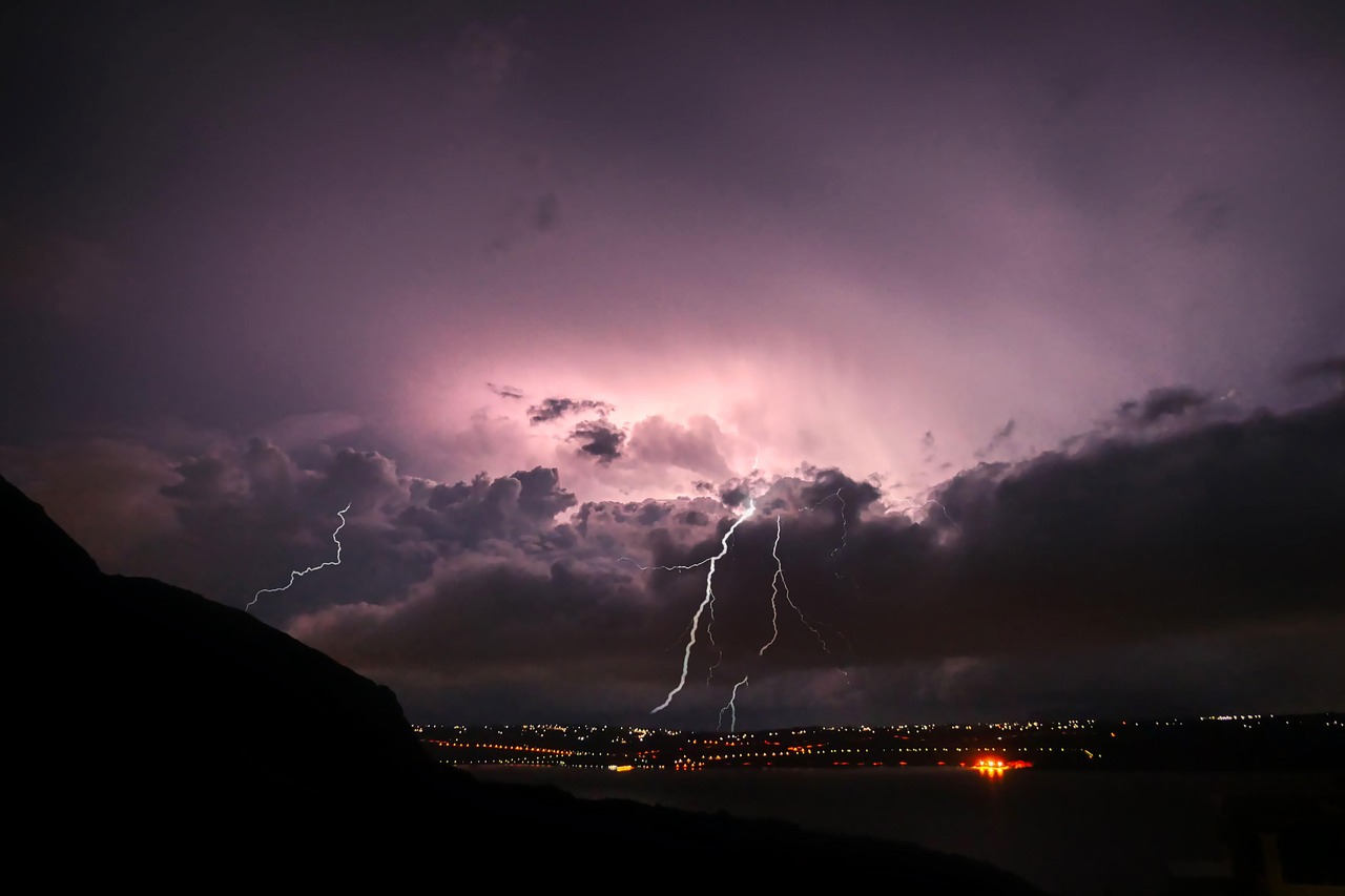 Thunderstorm, lightning, night, greece, nature, crete, sea, riverbank, coast, storm