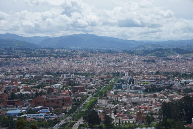 Stunning aerial view of Cuenca, Ecuador showcasing its dense urban landscape and mountainous backdrop.