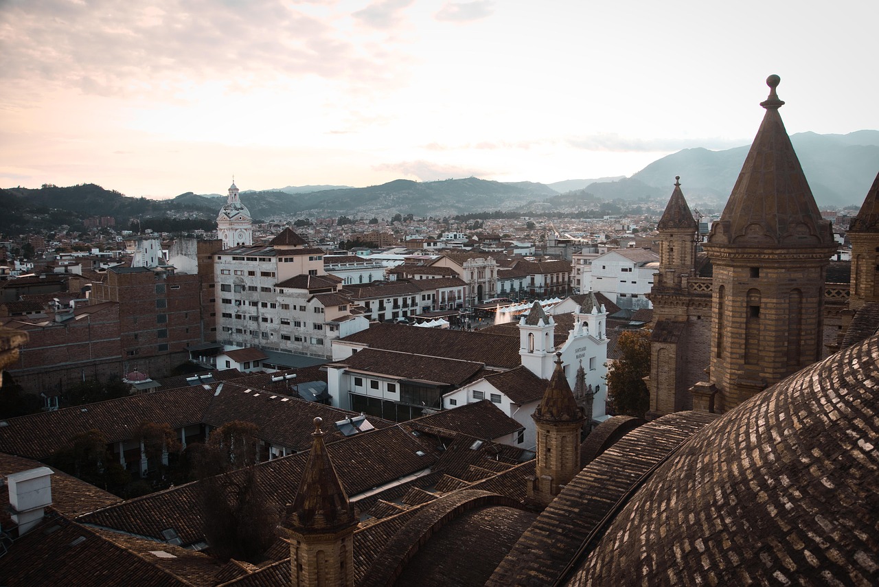 Cathedral, church, towers, nature, building, cuenca, outlook, architecture, ecuador, mountains, historic center, city view, horizon, dome, urban, city