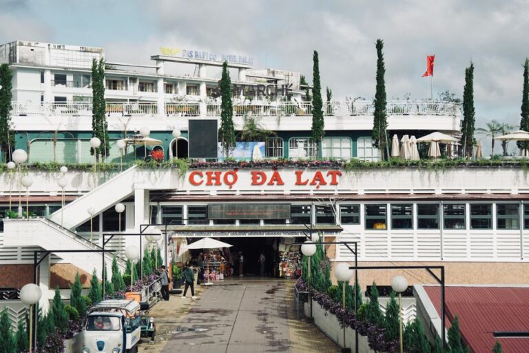 Vibrant scene of Da Lat market entrance with vendors in Vietnam.