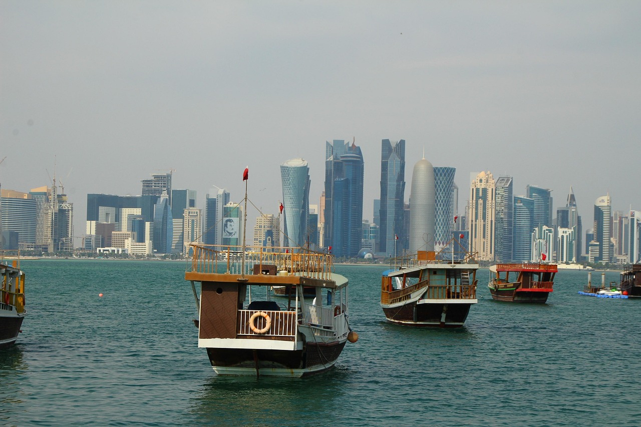 Boats, ocean, coast, buildings, nature, skyscrapers, skyline, doha, qatar