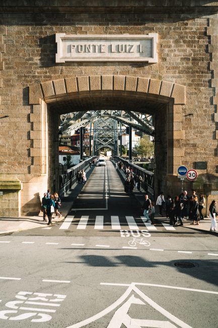 Scenic view of Luís I Bridge in Porto with pedestrians crossing in daylight.