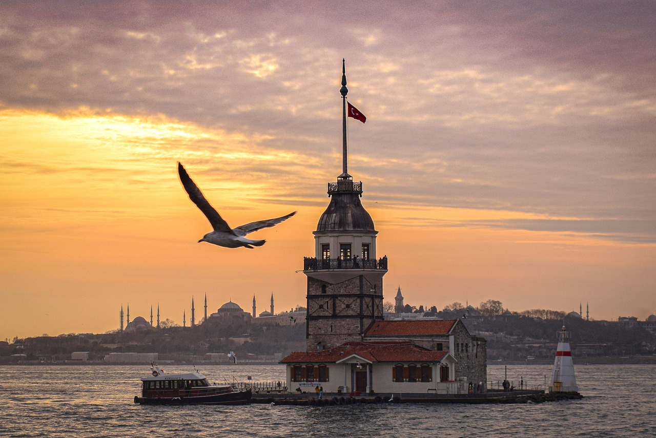 River, sunset, maiden's tower views, isanbul, leandertoren, island, architecture, turkey, bosphorus, building, cityscape, tourism, travel, tower, panorama, romantic, nature, seagull, bird, citytrip
