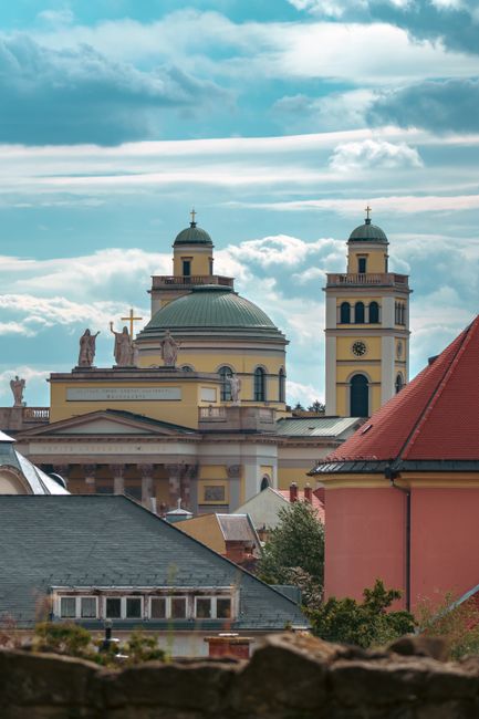 Captivating view of the historic Eger Basilica under a beautiful sky in Hungary.