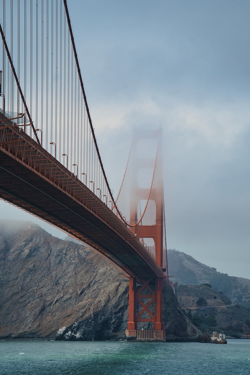Bridge, west coast usa, fog, architecture, red, bay, engineering, coast, cables, icon, usa, landmark, tourism, california, view, dramatic, morning, famous, nature, sea, iconic