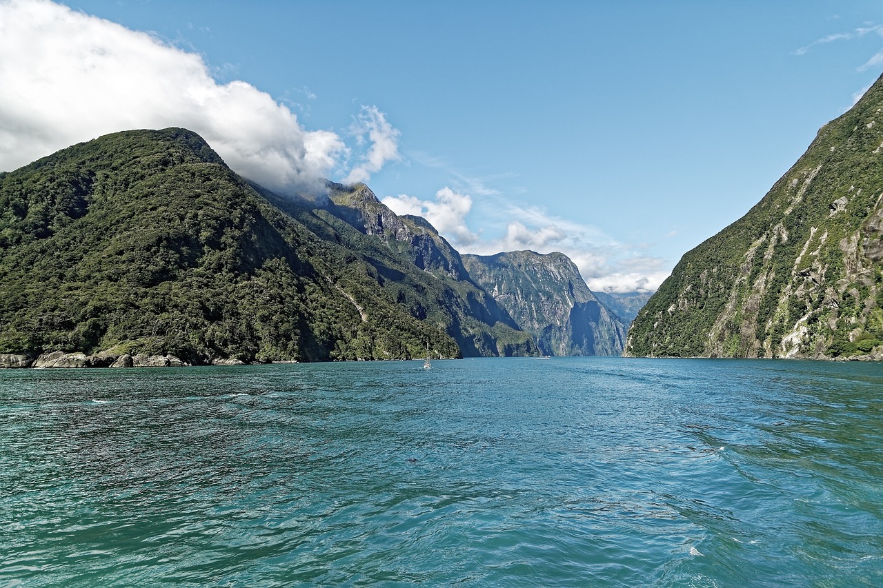 New zealand, milford sound, fjord, water, mountains, fiordland national park, fjordland, national park, nature, landscape, south island, heaven, clouds, blue